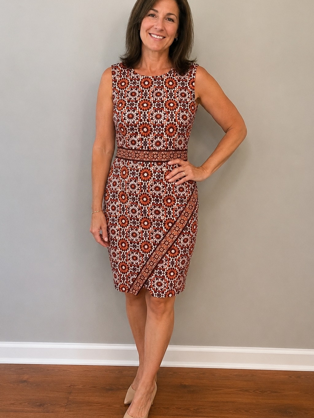 Liz Claiborne Sleeveless Floral Mosaic Sheath Dress in Rust and White
